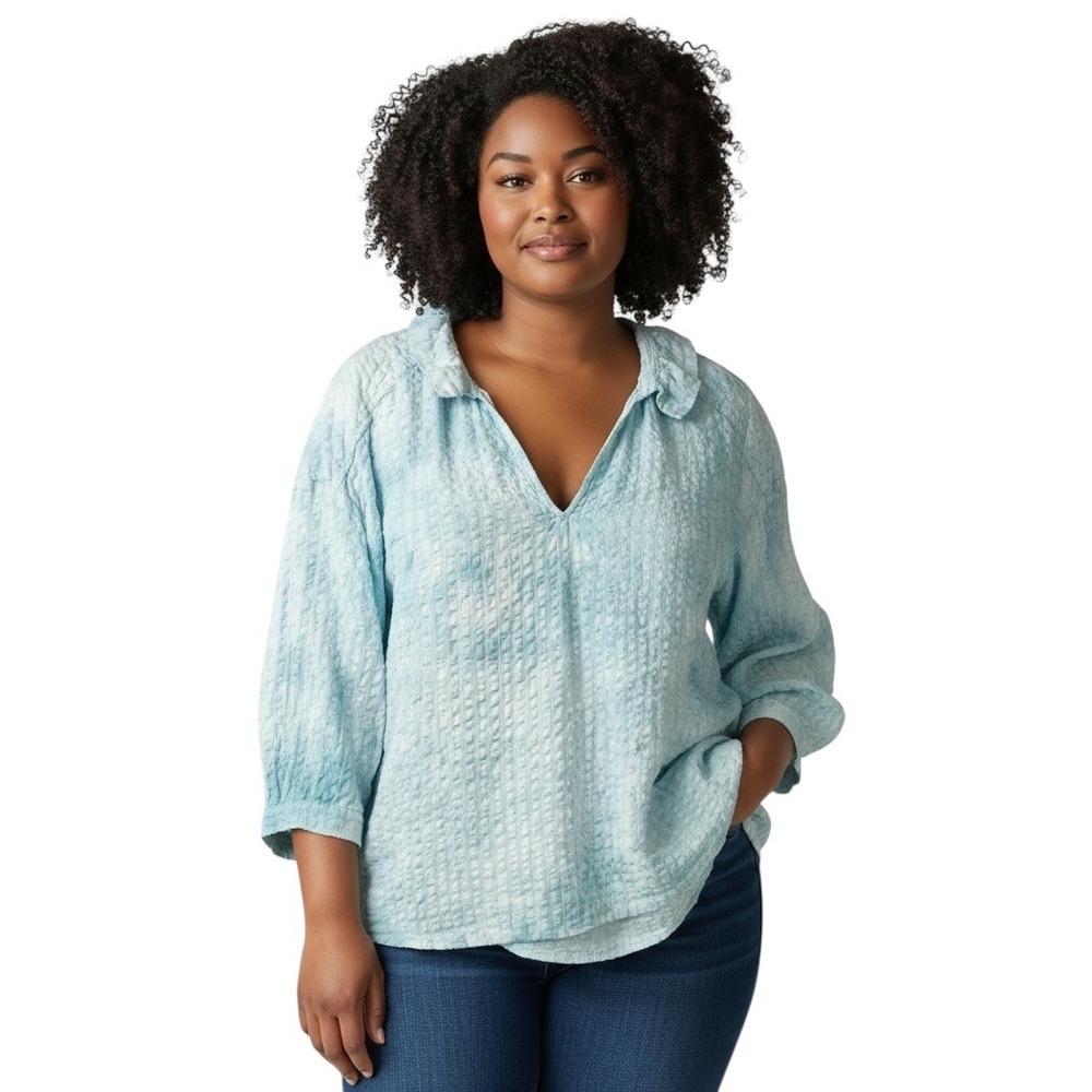 Crown & Ivy Medium Top Handmade Tie Dye Blue‎ Popover Textured Boho Ruffle 825